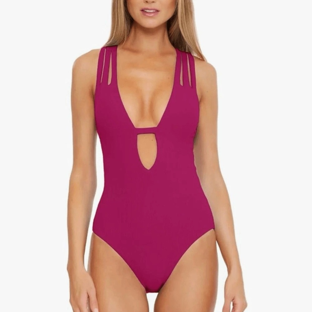 BECCA Fine Line Ribbed Plunge One-Piece Swimsuit in Pomegranate Size M